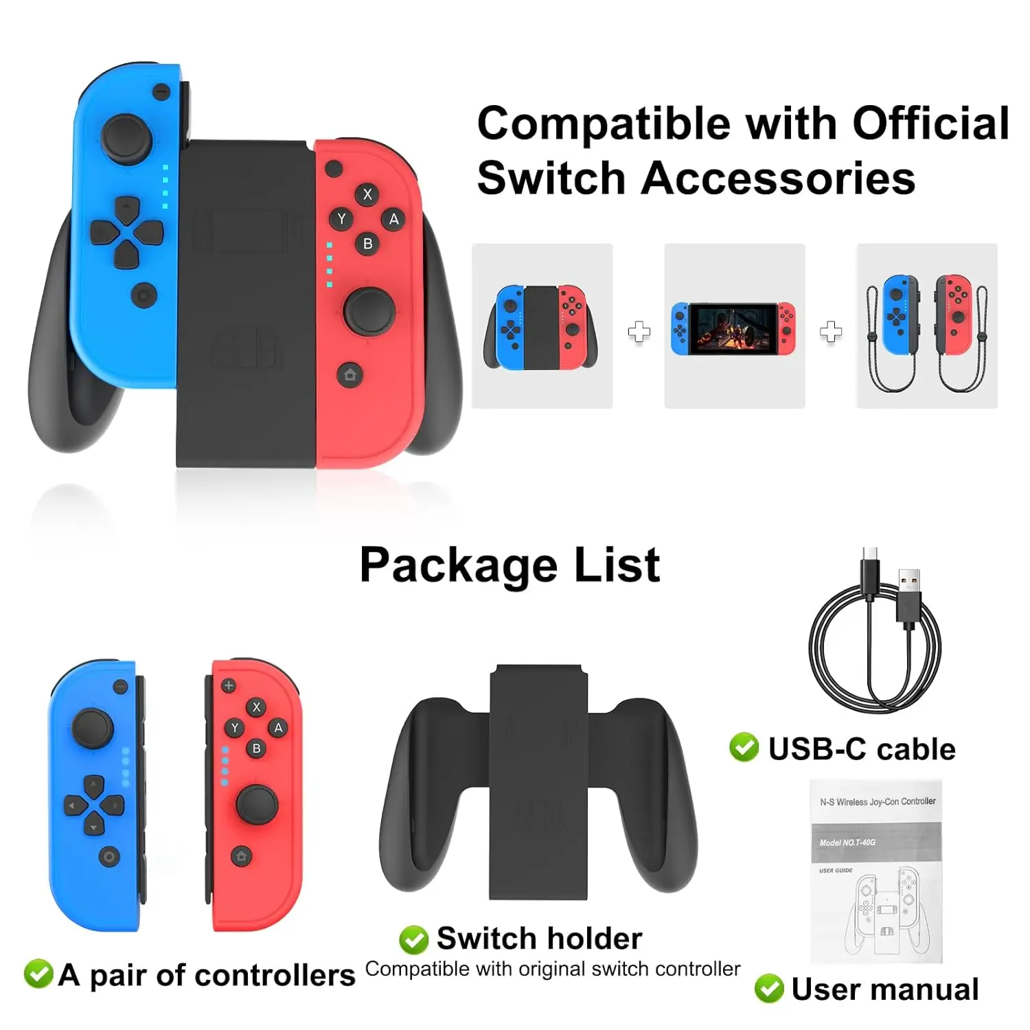 Replacement Wireless Joycons Controller for Switch/Lite/OLED with Motion Sensing/Dual Vibration/Gyro Axis, Includes Comfort Grip