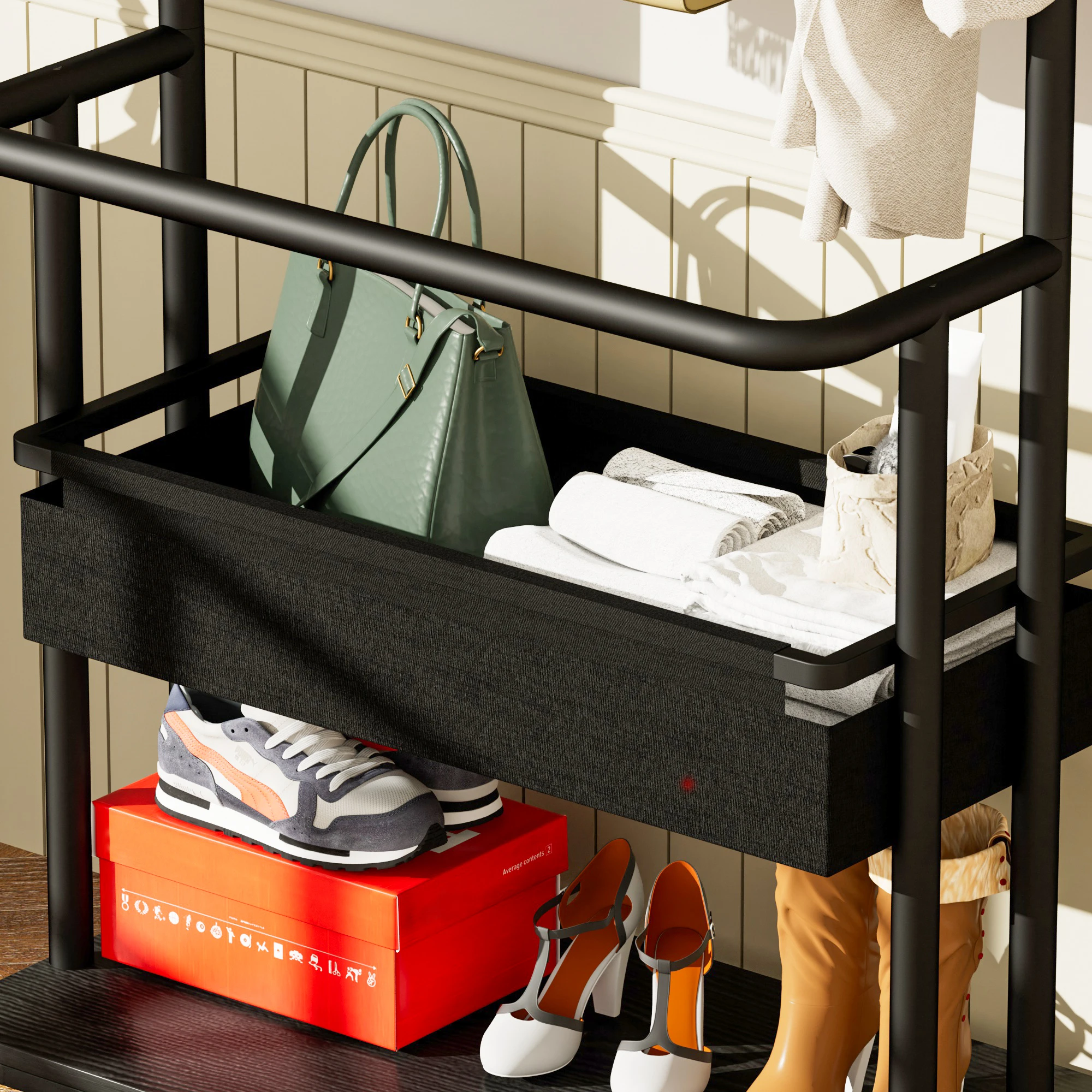 Robuster Metall-Kleiderständer mit Rollen, 3-in-1-Design mit Korb und Spiegel, Kleiderbügel, mobiler Kleiderständer mit Rollen – Detail 13