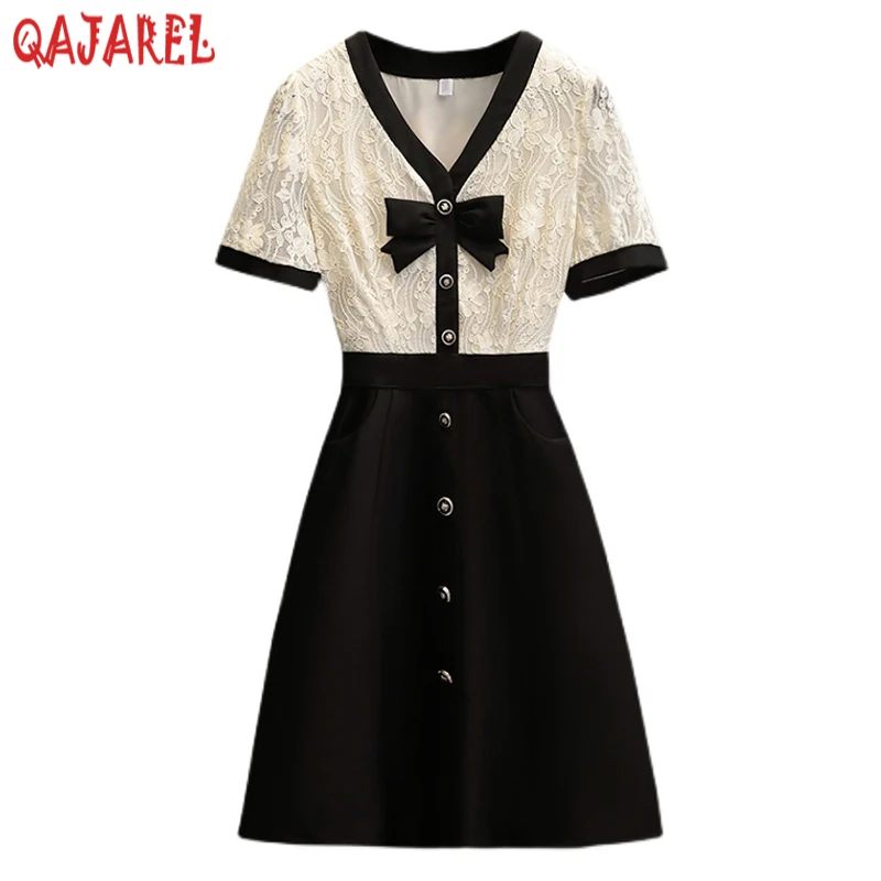 

Summer Black Patchwork Lace Hollow Out Sexy Mini Dress Women Korean Vintage Hepburn Dress 2024 New Elegant Bodycon Casual Dress