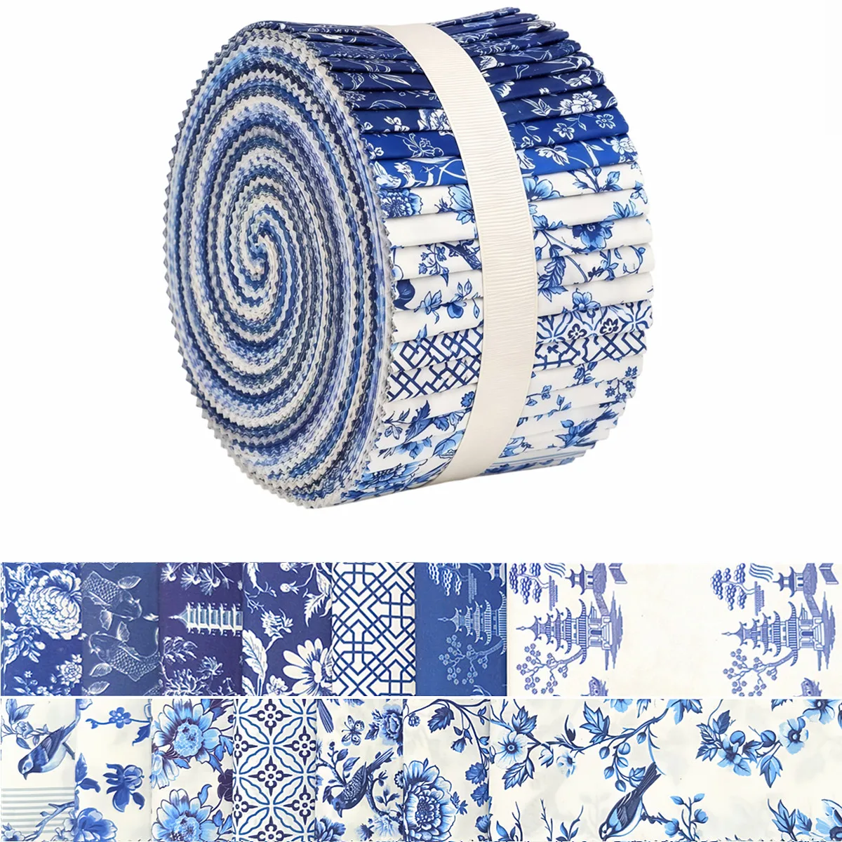 42-Piece Quilted Blue & White Porcelain Patchwork Fabric Strips for Handmade Sewing & DIY Projects