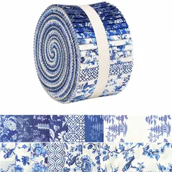 42 - Piece Quilted Blue & White Porcelain Patchwork Fabric Strips for Handmade Sewing & DIY Projects (NT1296 - 42pcs)