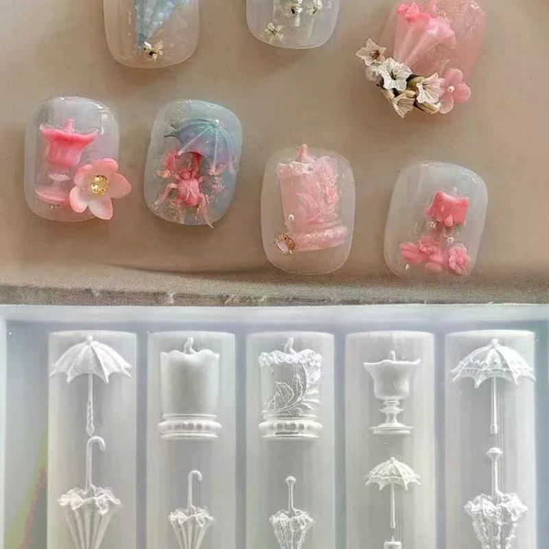 3D Relief Lace Umbrella Silicone Nail Art Mold DIY Nail Decor Transparent Manicure Template Umbrella Silicone Nail Art Mold Gift