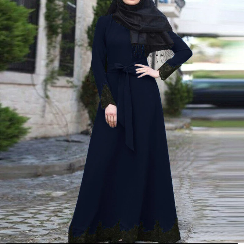 2022 Ramadan Black Lace Stitching Abayas Belt Modest Abayas for Female Middle Eastern Style African Women