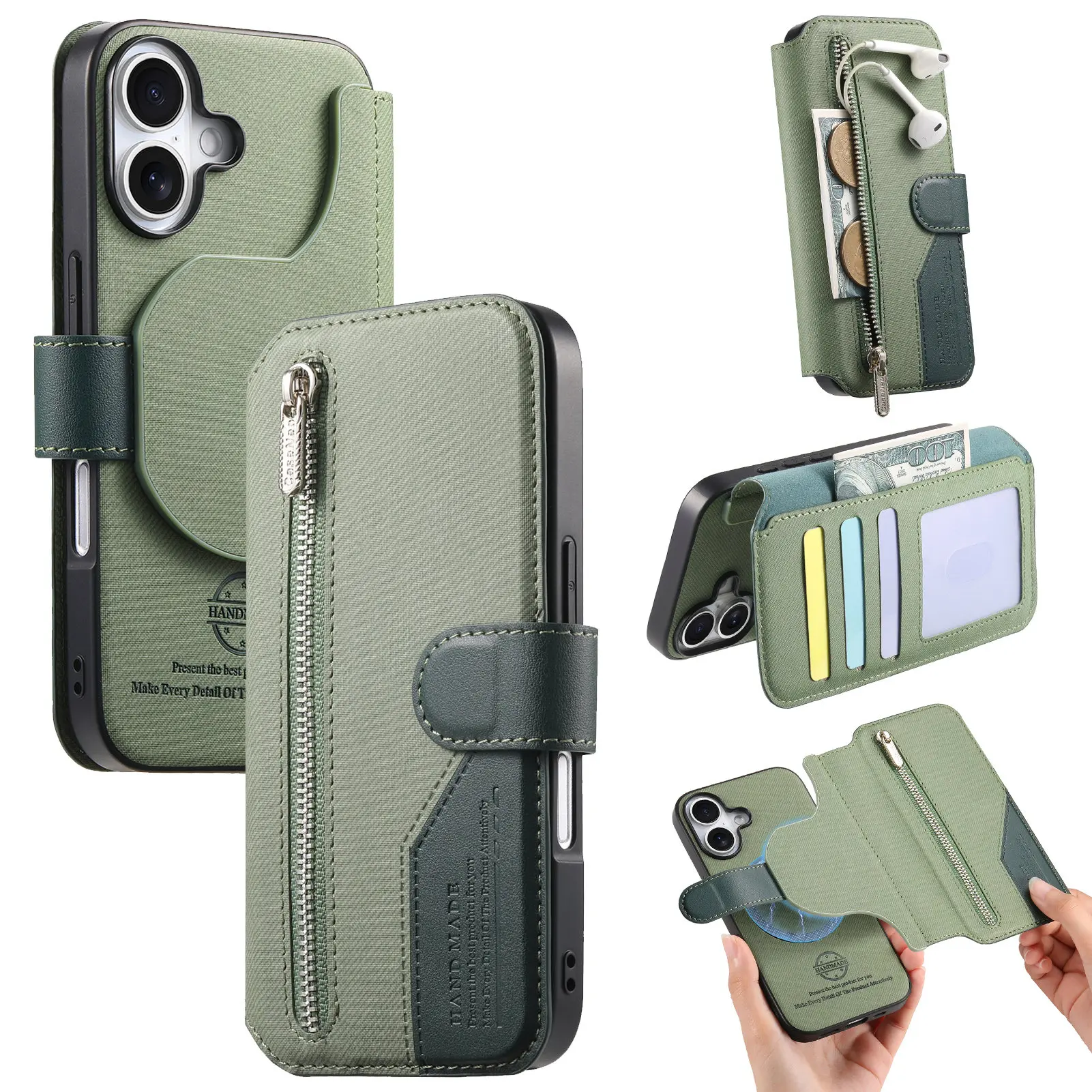 2-in-1 Wireless Charging Zipper Leather Flip Phone Case