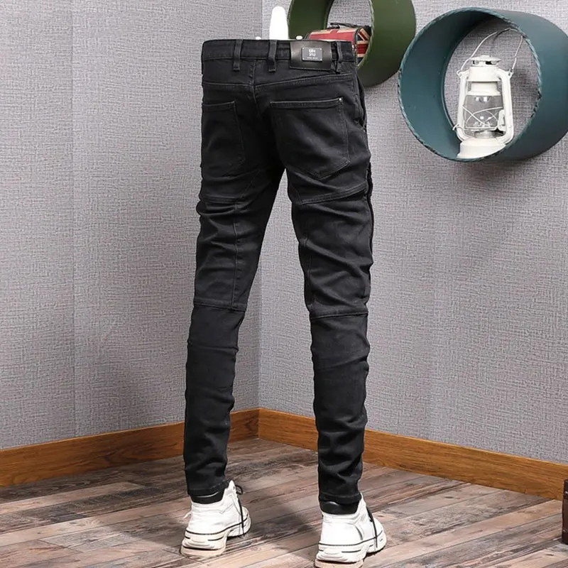 Streetwear Fashion Men Jeans Black Stretch Slim Fit Spliced Designer Biker Jeans Homme Patched Hip Hop Denim Punk Pants Men
