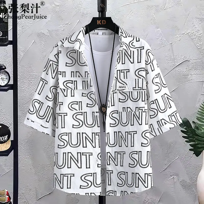 

High Street Japanese Short-sleeved Men Shirt Men's Summer Retro Lapel T-shirt Shirt Design Clothes Letter Print Camisa Hombre