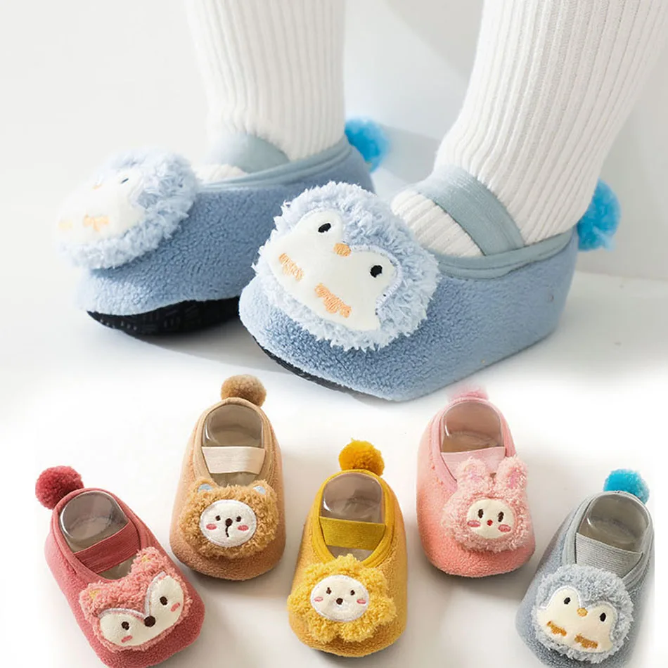 

Newborn Floor Socks Baby Cartoon Bunny Lion Fox Fleece Winter Flats Kids Anti-Slip First Walkers Boys Girls Prewalker 0-3 Years