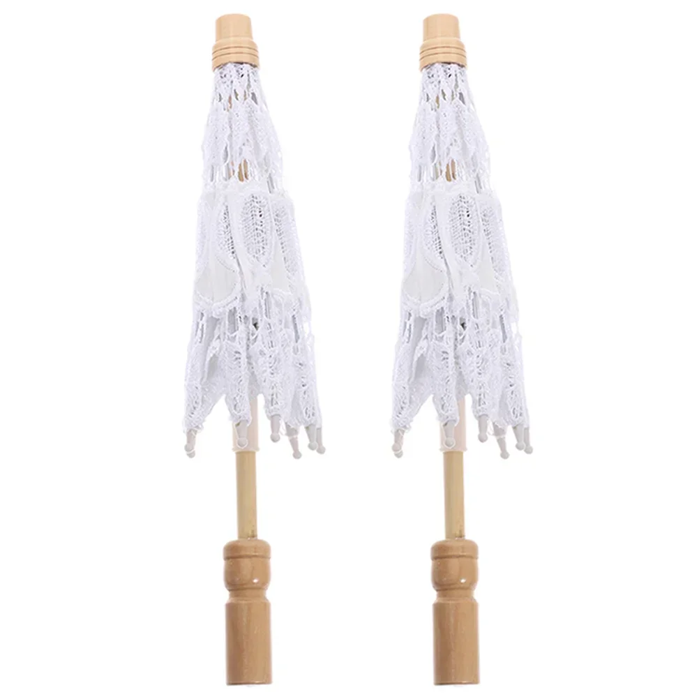 2 Pcs Umbrella for Kids Prop Bridal Veil Parasol Bride Wooden Handle Lace White Girls Elegant Man