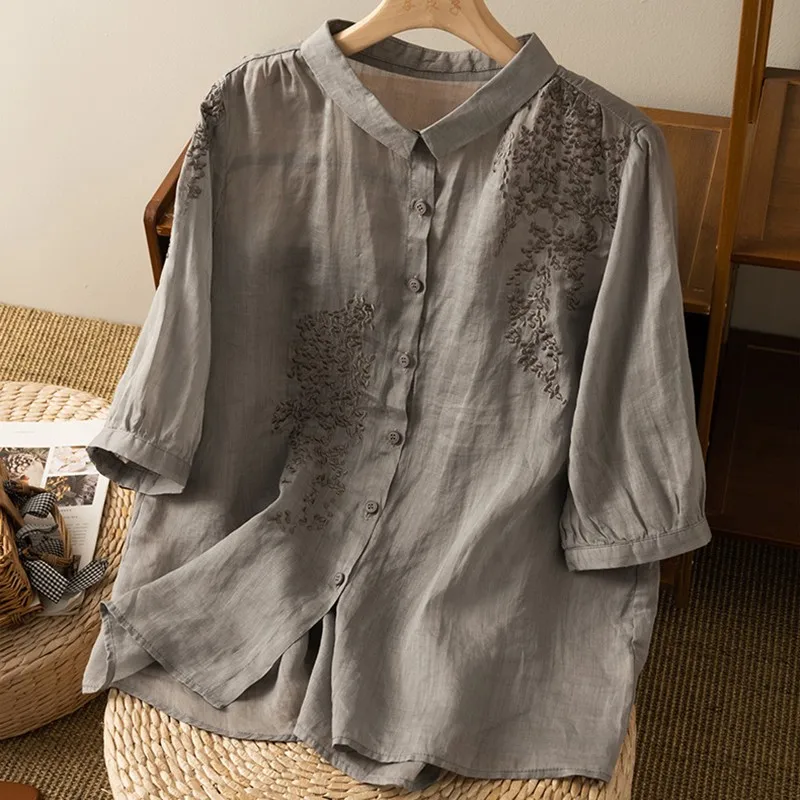 

Женская винтажная блузка с коротким рукавом, отложным воротником и вышивкой, свободного покроя, C918, Летний сезон 2023