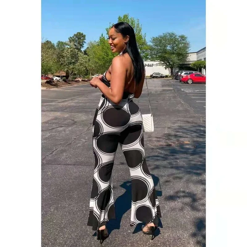 Print Club Outfits for Women Clubwear 2023 Sexy V-neck Halter Strap Sleeveless Slim Print Black Slim Temperament Casual Jumpsuit