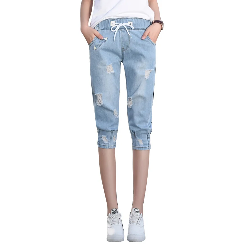 High Waist Jeans Woman 2022 Summer Denim Pants Trousers Casual Capri Jeans For Women Ripped Hole Short Harem Pants Female