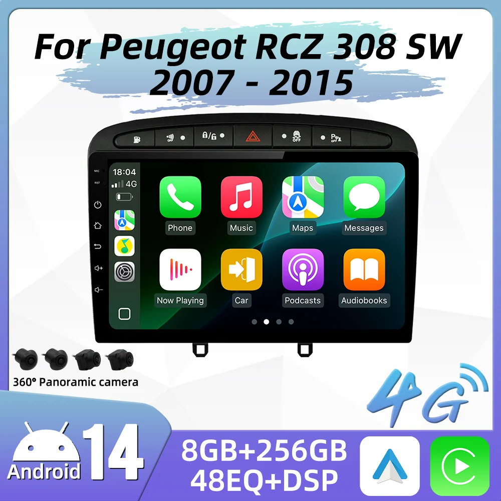 Carplay Auto para Peugeot RCZ 308 SW 2007 - 2015 408 2012-2020 Radio de coche Android reproductor Multimedia de coche navegación GPS estéreo 2Din 1