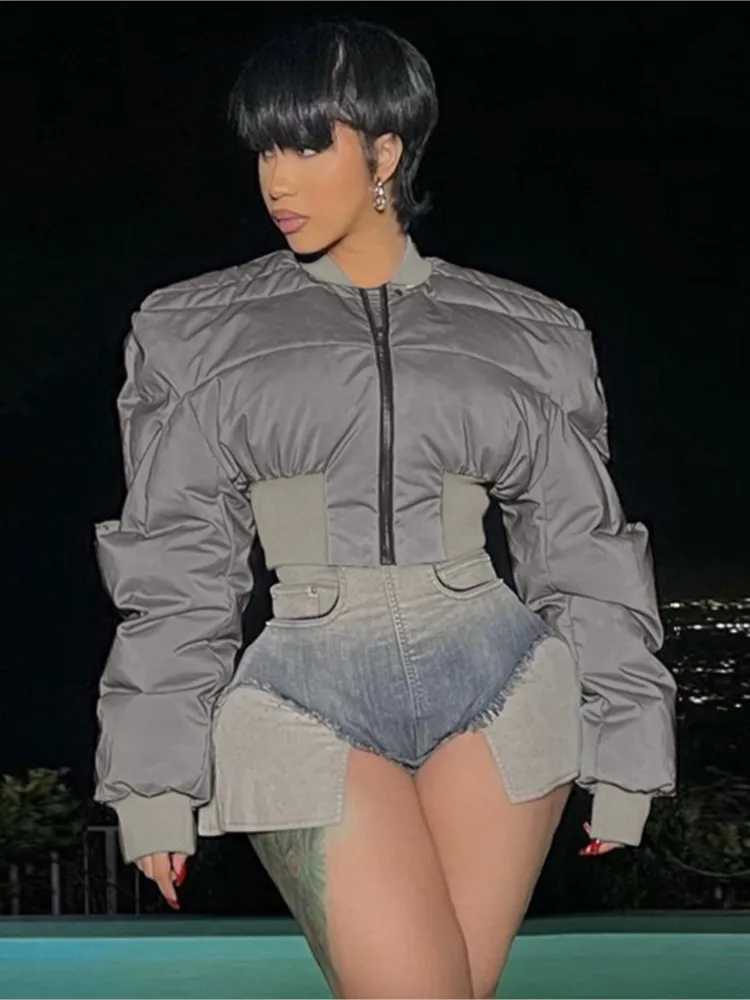 

RDMQ 2023 Fall Winter Reflective Jackets Women Parkas Coat Fashion Zipper Patchwork Girdling Waist Warm Coat Streetwear Y2K