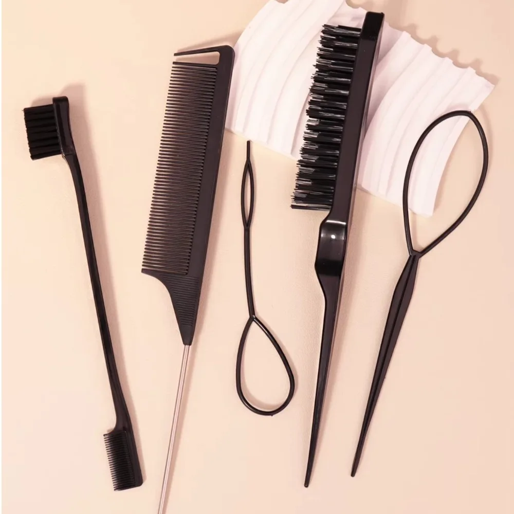 5Pcs/set Grooming Hair Styling Comb Set Edge Brush Rat Tail Comb Slick Brush Set Braid Tool Brushing Combing Teasing Brush