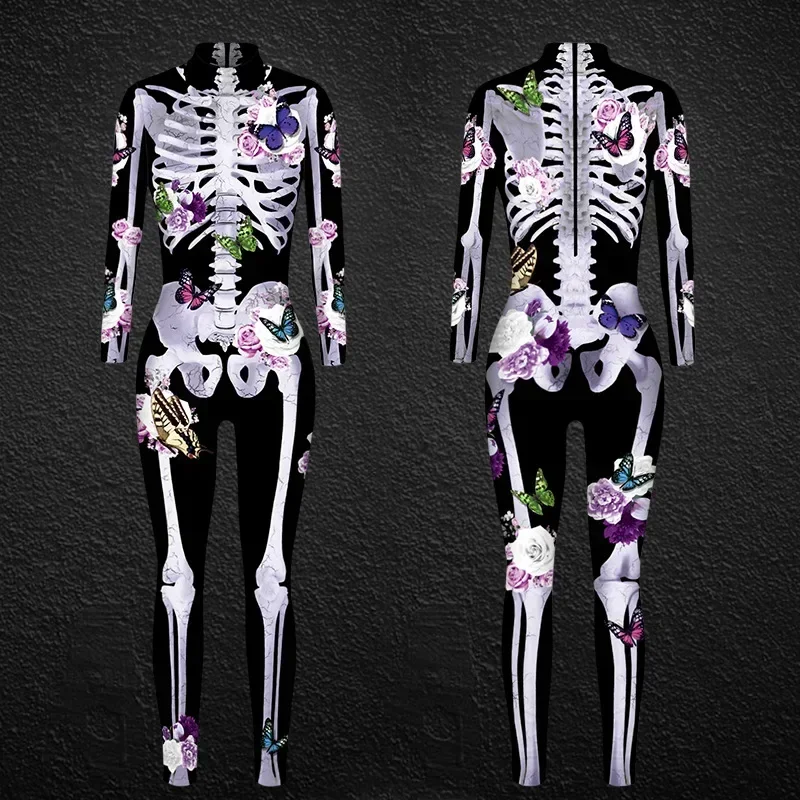 Halloween Women Adult Cospla Jumpsuit Skeleton Bodysuit Party Zombies Printed Long Sleeved Scary Costumes For Women,4 Colors