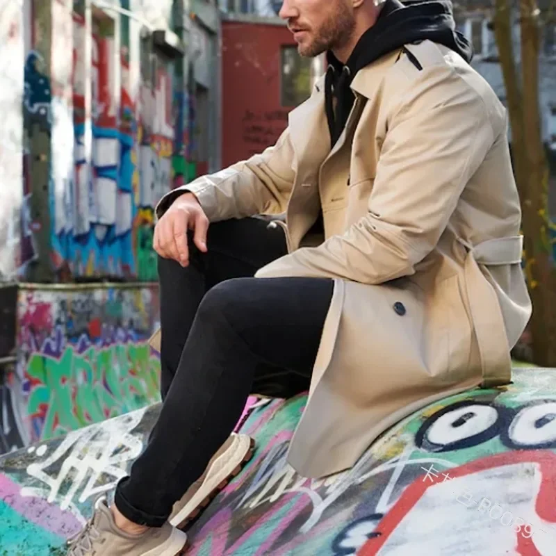 Spring Autumn Cross-border Long Sleeve Men's Lapel Double Row Button Casual Durable Jacket Medium-length European Men's Overcoat