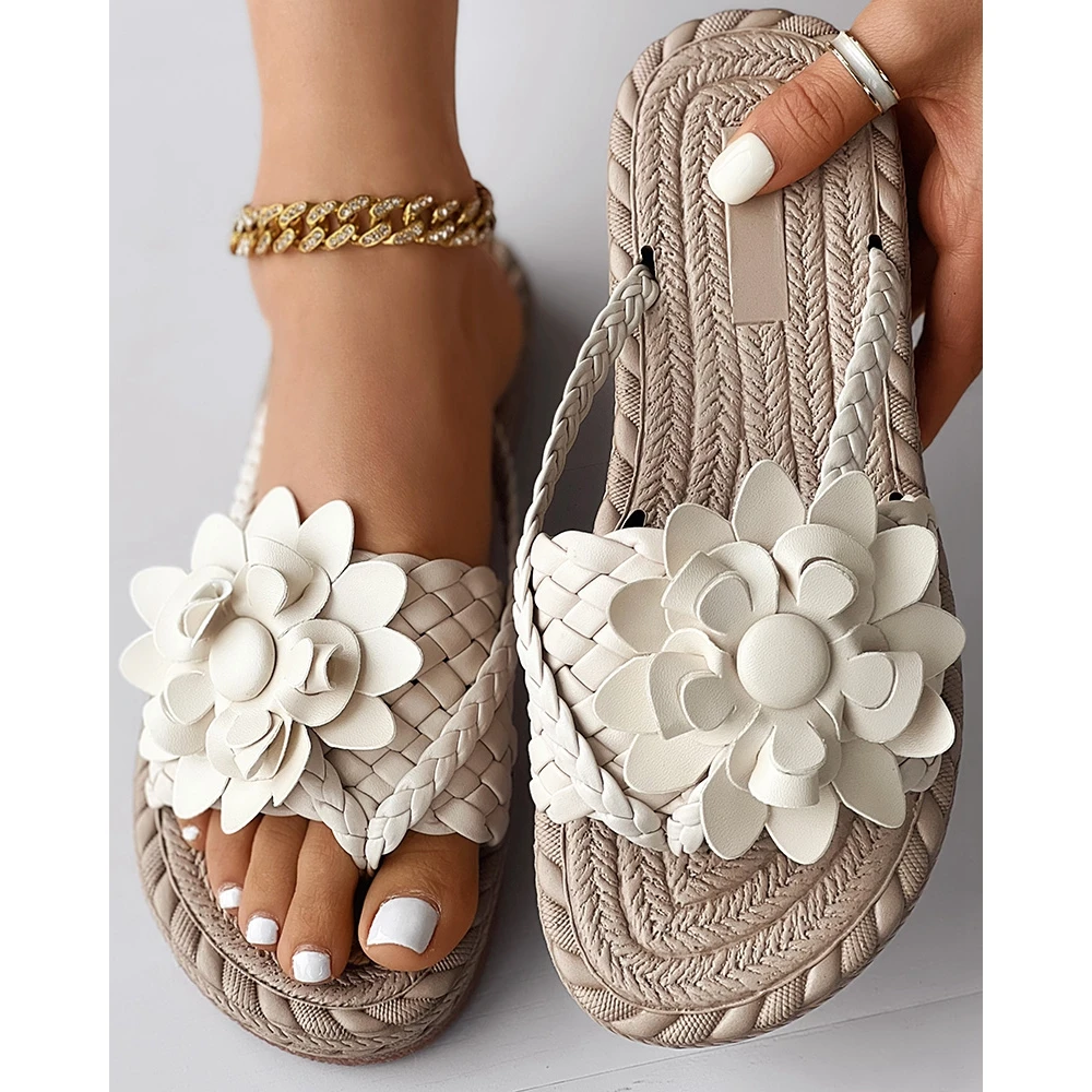 Fashion Women Beach Flip Flops Lady Summer Casual Going Out Braided Floral Pattern Toe Post Design Sandals Beach Shoes Party