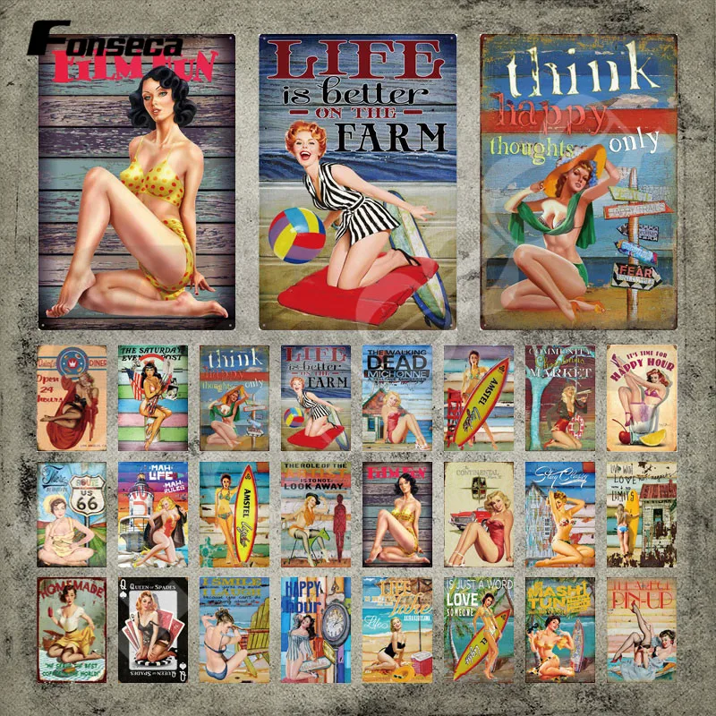 

Pin-Up Girls Metal Poster Sexy Surfer Lady Vintage Plaque Decorative Metal Signs Tin Signs Metal Plate Iron Painting Home Decor