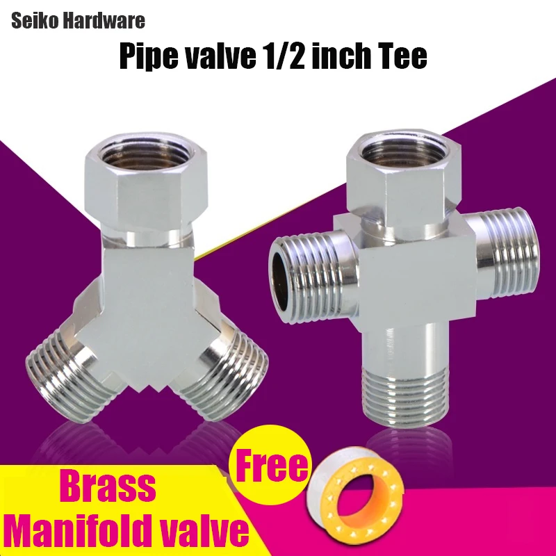 

One in And Two Out Three-way Joint Brass Inner and Outer Wire Live Joint Faucet Angle Valve Manifold Valve 1/2 Inch Three Way