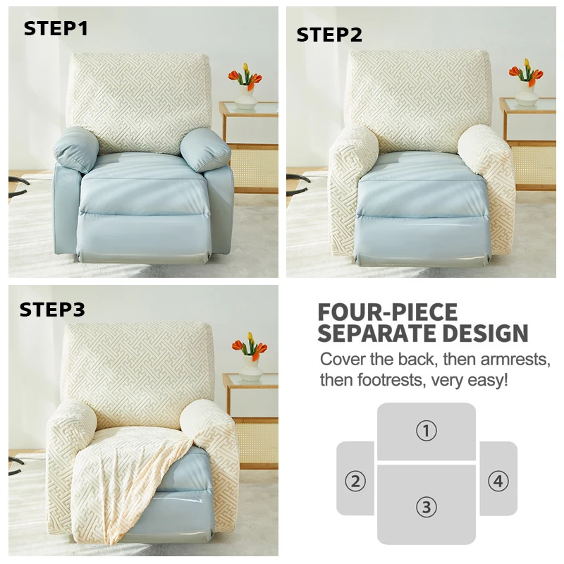 Thicken Recliner Sofa Cover Stretch Jacquard Single Armchair Sofa Relax Functional Sofa Slipcover Non-Slip 4 Pieces/set 6