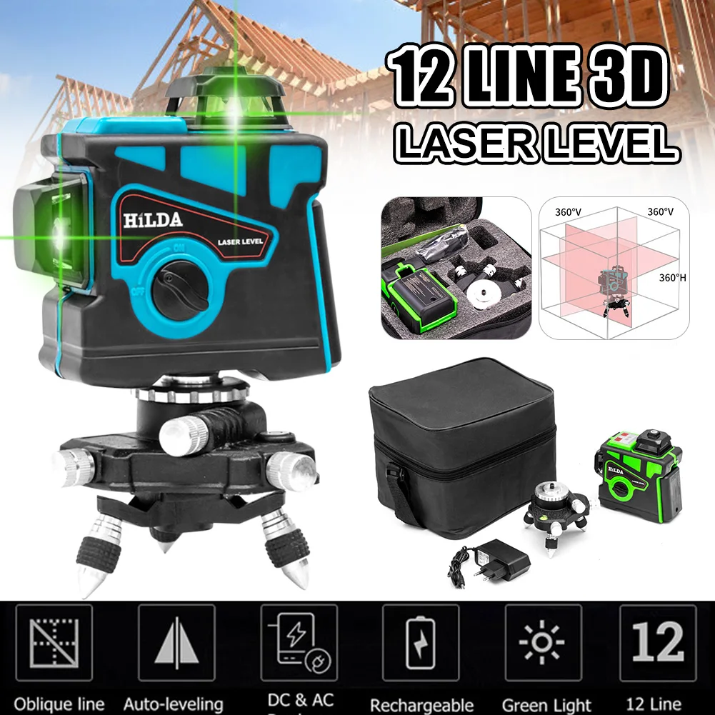 12 Lines 3D 30M Self-Leveling 360° Cross Super Powerful Green Light Laser Level 