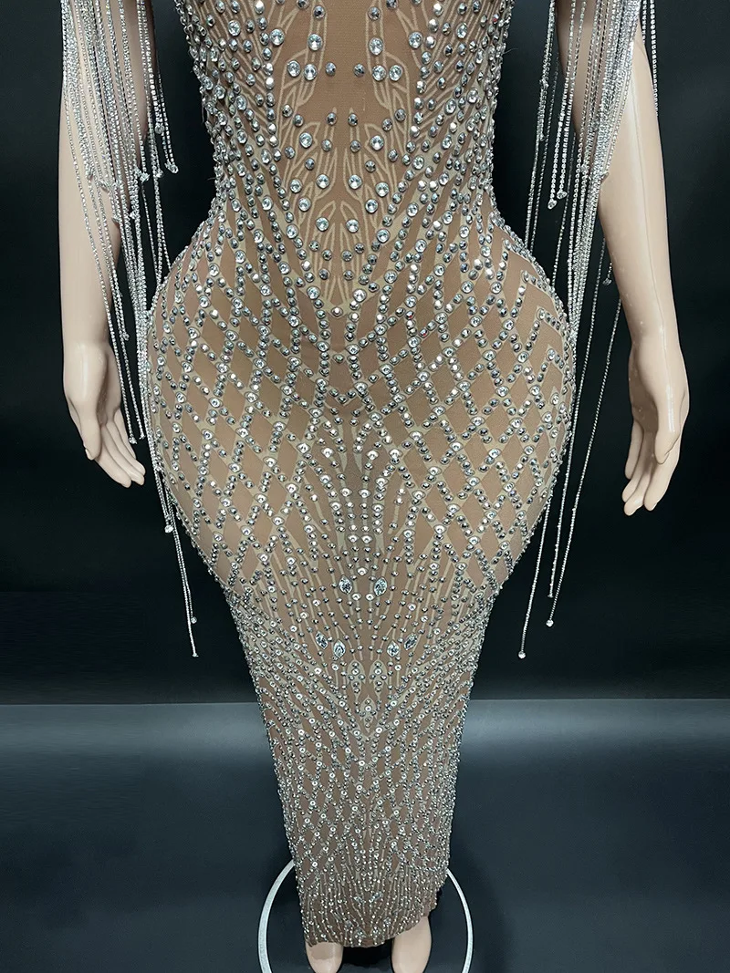 Transparent Long Diamond Dark Brown Party Dress Birthday Luxury Costume Fancy Brilliant Dancer Wedding Dress Impressive Dress 3