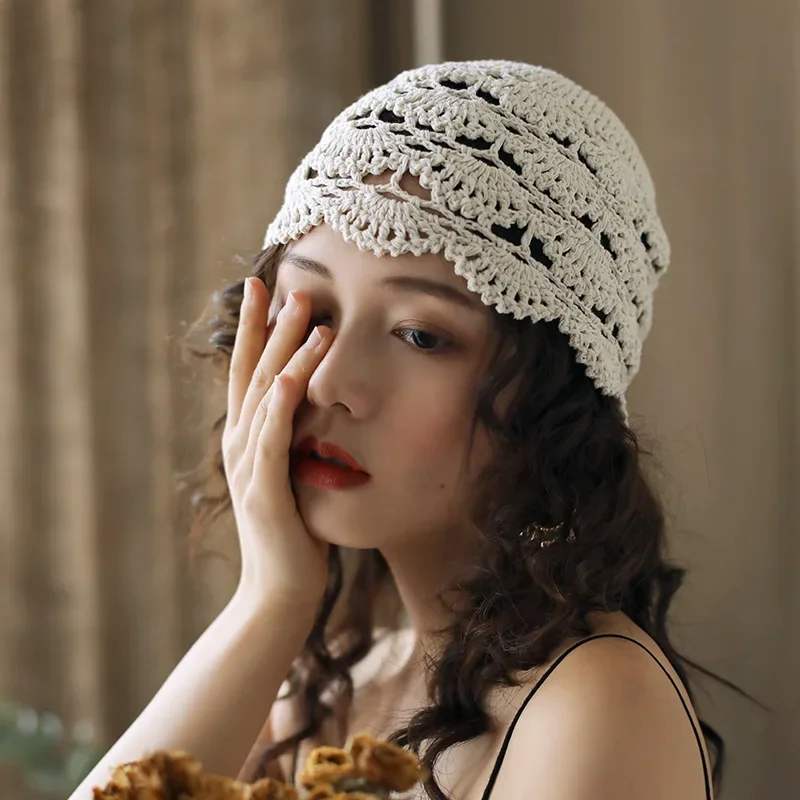 

Women Beanie Cap Hand-Made Fashion Hollowed-out Vintage Artistic Crocheted Hat for Summer Breathable Causual Female Caps 004
