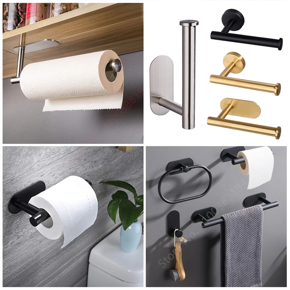 Hanging Paper Roll Towel Holder Bathroom Toilet Storage Stand Kitchen Organizer Napkin Rack Stainless Steel Adhesive Wall Mount