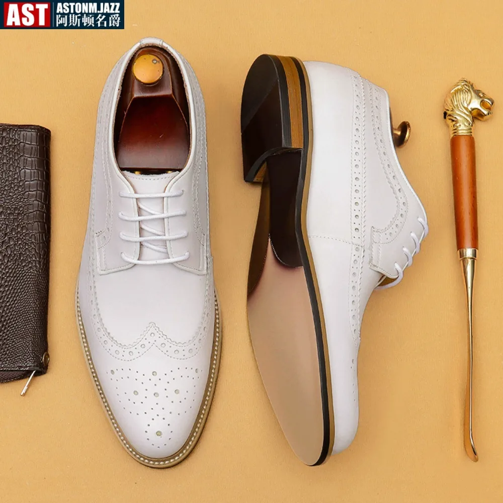 Luxury Men's Dress Shoes Genuine Leather Brogue Wingtip Toe Oxford White Lace-Up Business Wedding Formal Men Shoes