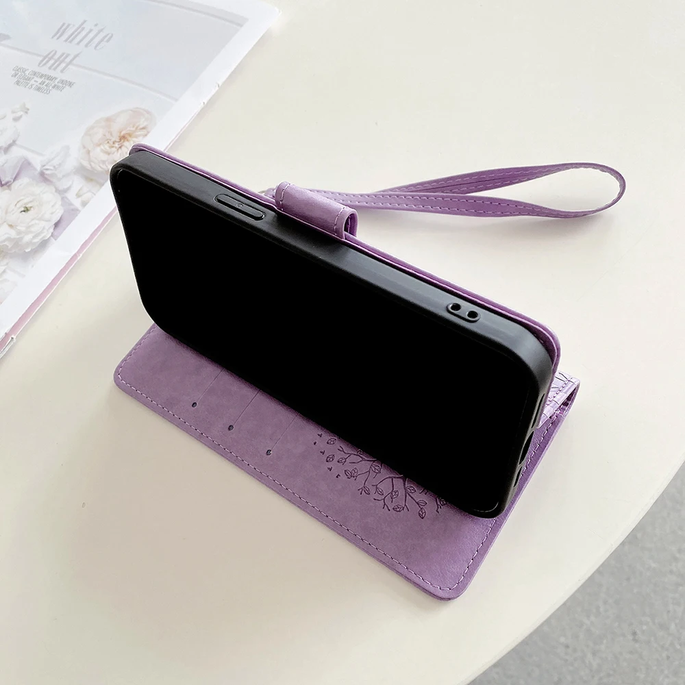 Leather Wallet Phone Case with Card Slots and Magnetic Closure - Tree Design