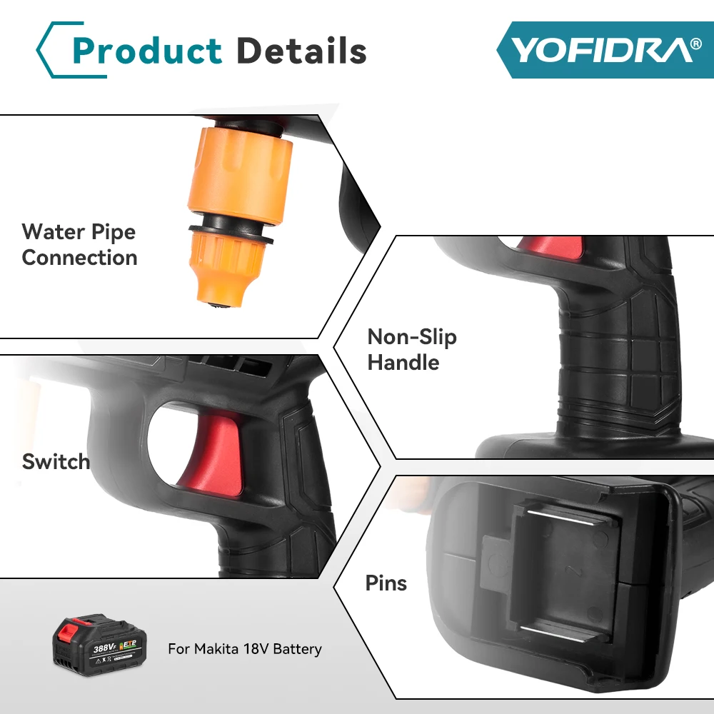 YOFIDRA Copper High Pressure Water Gun Cleaner Handheld Cordless Electric Spray Gun Garden Car Power Tool For Makita 18V Battery 6
