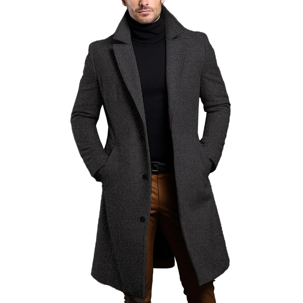 Men Atutumn Winter Long Warm Wool Trench Coat Solid Single Breasted Luxury Wool Blends-Overcoat Thermal Tops Coats Clothing