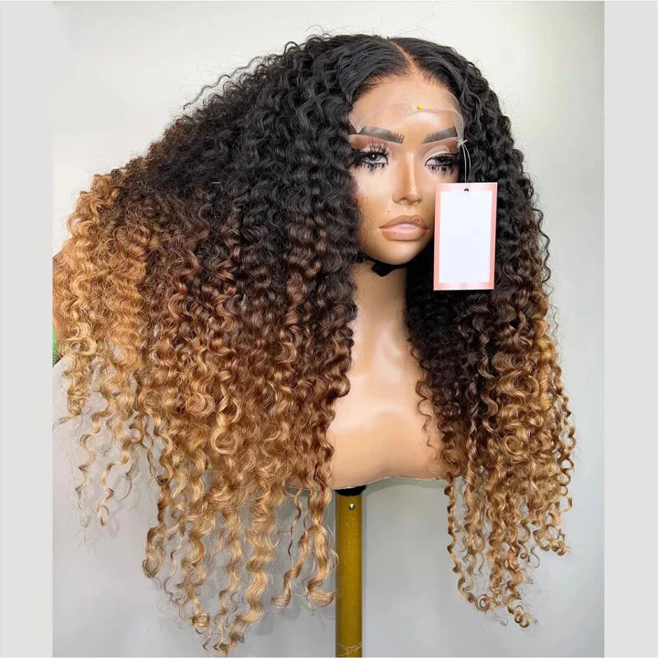 Preplucked Ombre Honey Blonde Brown 26“Long 180%Density Glueless Kinky Curly Deep Lace Front Wig For Black Women BabyHair Daily