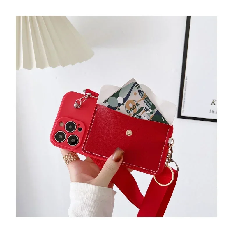 Crossbody Leather Strap Lanyard Wallet Silicone Case with Card Slot and Soft Cover