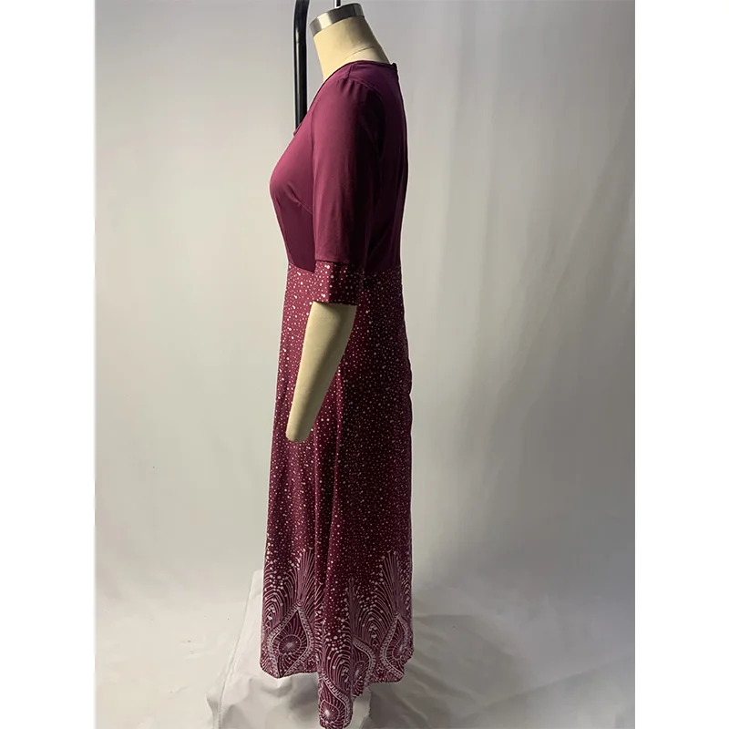 Autumn Women's Clothing Hollow Out Round Neck Vintage Printing Half Sleeve Casual Zipper Pullover Ankle-length Plus Size Dresses
