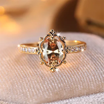 Champagne Zircon Egg Shape Stone Ring Luxury Crystal Oval Engagement Rings For Women Vintage Fashion Gold Color Wedding Jewelry