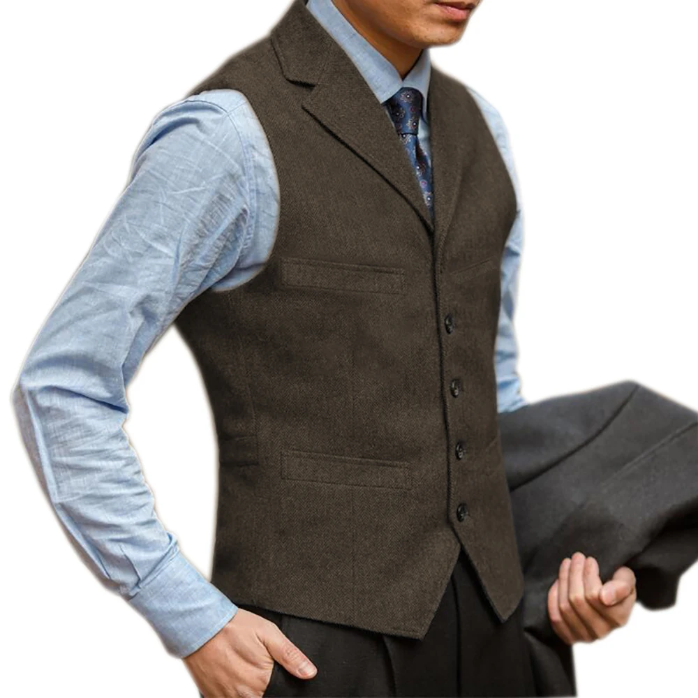Men's British Herringbone Tweed Suit Vest Business Formal Dress Waistcoat Notch Lapel Sleeveless Casual Vest