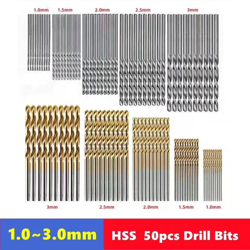50pcs titanium plated twist drill HSS micro open hole straight handle twist drill 1-3mm electric punch bit set