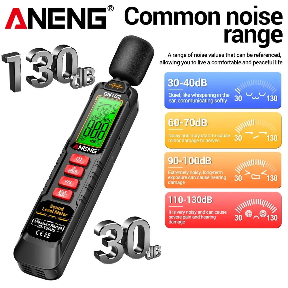 Schallpegelmesser Digitales Tragbares Geräuschmessgerät NENG GN102 Audiopegelmesser 30-130 DB Umgebungsgeräusch Winddichter Dezibel-Messgerät-Test_voghion.com