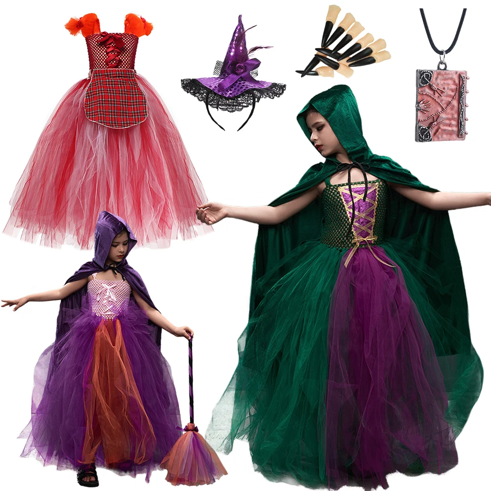 Hocus Pocus Halloween Carnival Child Witch Winifred Costume Sarah Mary Sanderson Sisters Dress Up Girl Vampire Dress Broom Nails