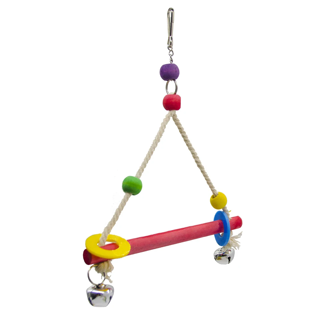 1pc Random Color Wood Parrot Swing Toy with Bell Triangular Perch Stand Hanging Chew Toy for Pet Bird Parrot Cage Decor Supplies
