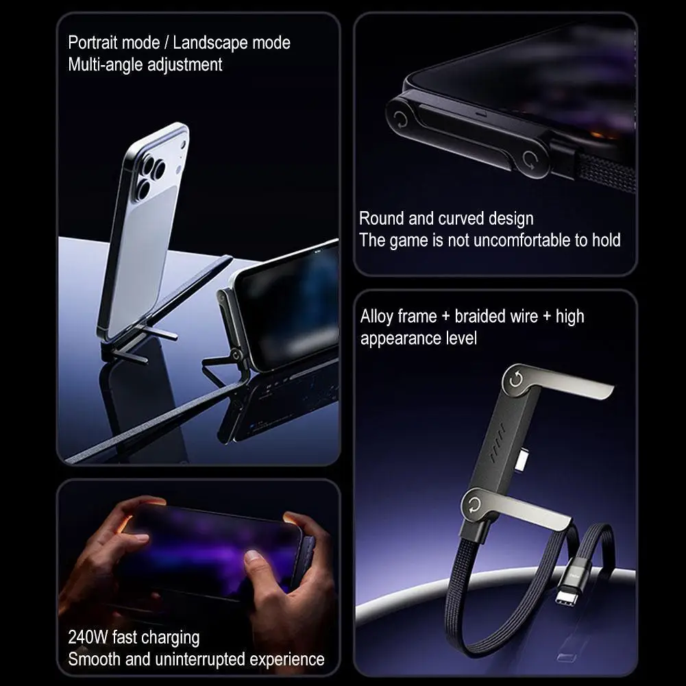 240W PD USB C Cable with Foldable Phone Stand 90° Elbow Fast Charging Braided Cord for Gaming iPhone Samsung Xiaomi 3