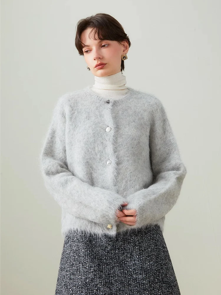 SuyaDream, Women Cardigans, 78%Alpaca, O Neck, Single breasted Solid Sweaters, 2023 Fall Winter Warm Jackets, White, Grey, Pink