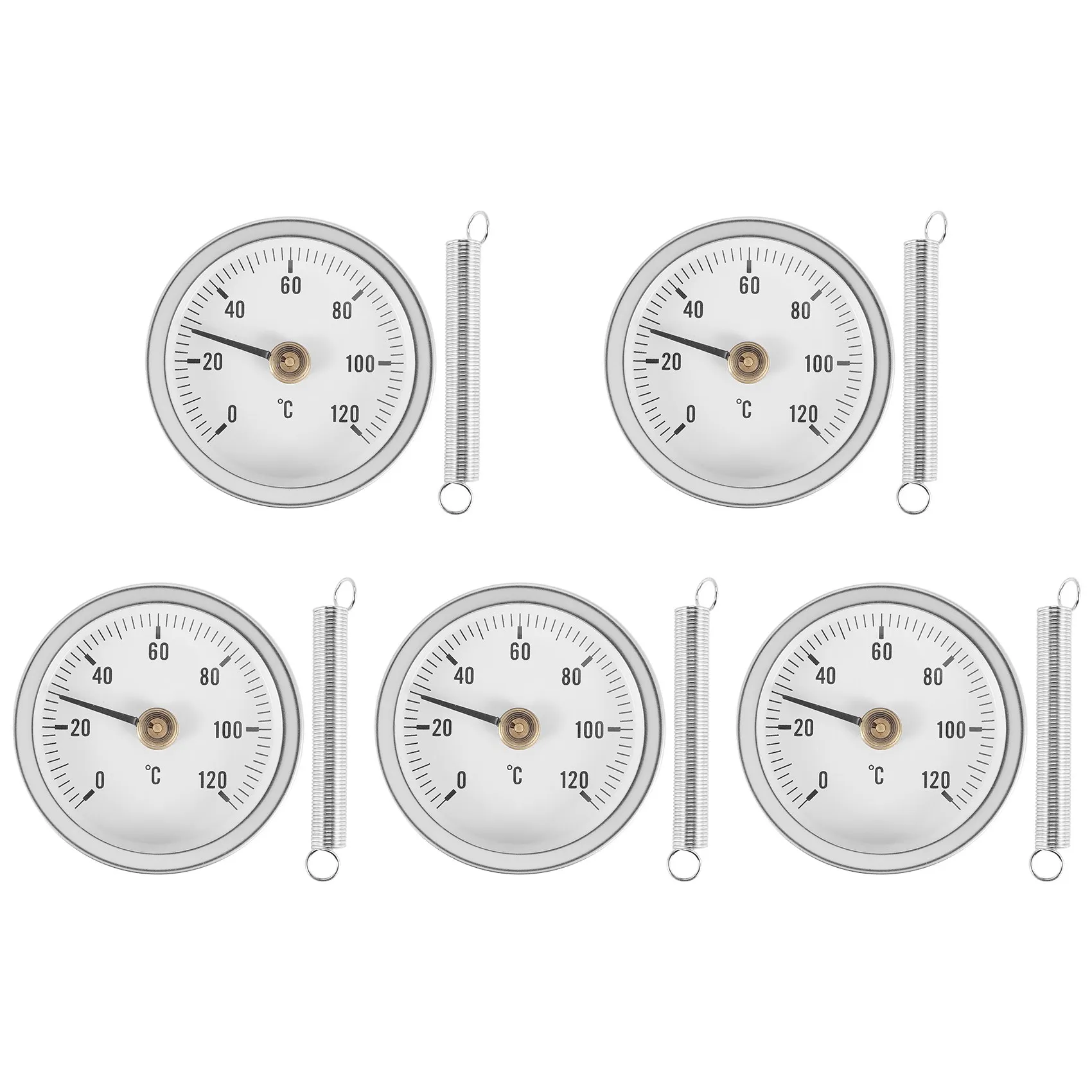 

63mm Pipe Clip-on Dial Thermometer Temperature Round Plate Gauge with Spring,Range 0-120℃, Aluminum Case, 5Pcs Set