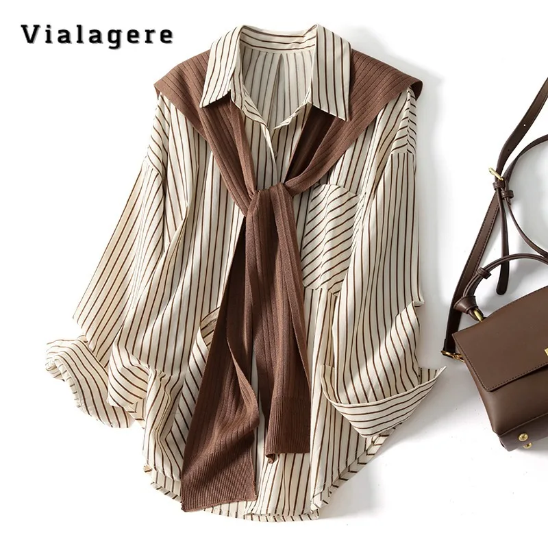 

2023 Autumn New Fashion Striped Design Loose Long Sleeve Single Breasted Shirt Winter Women's Turn-Down Collar Casual Blouse