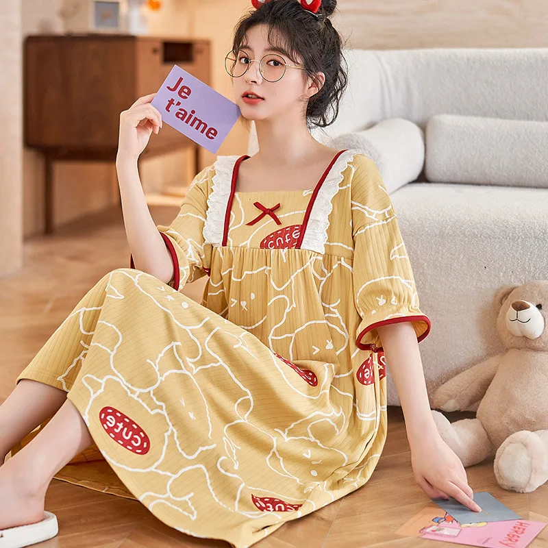 

SUO&CHAO new knitted cotton women's short-sleeved one-piece nightdress, square neck, lovely home clothes