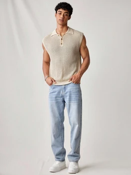 Polo da uomo senza maniche in maglia, con lavorazione a punto intrecciato e dettagli traforati, canotta casual estiva stile retrò streetwear con bottoni