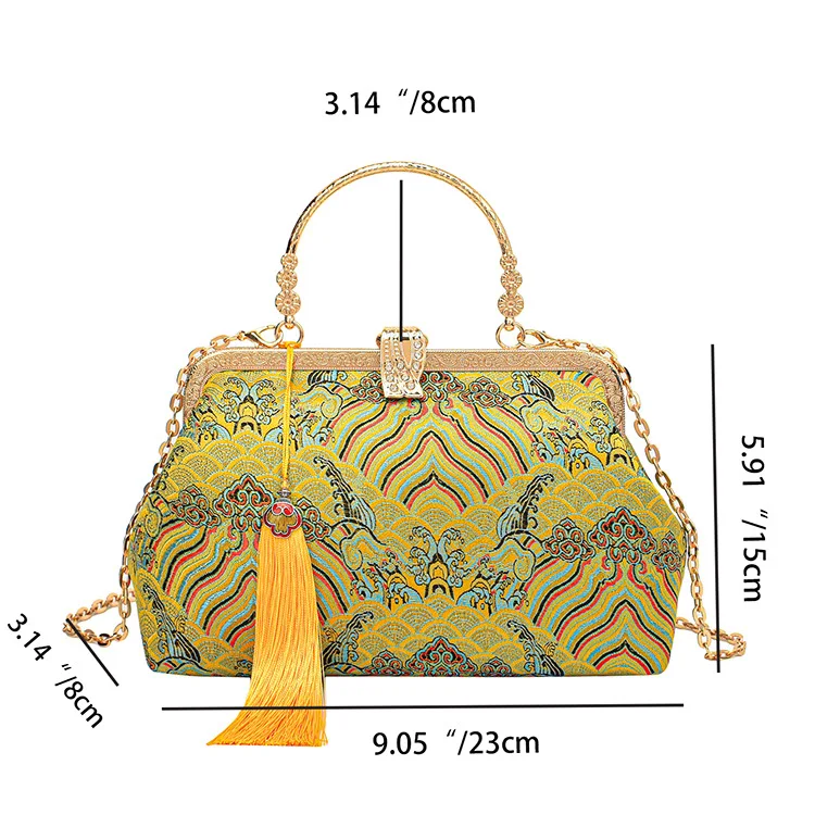 Vintage Embroidery Print Ladies Evening Bag Metal Handle Handbag Prom Clutches Gold Chain Shoulder Bag For Women Party Clutch