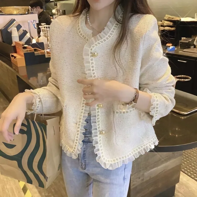 Korean Chic Tweed Jacket Women Coat Long Sleeve Vintage Mesh Patchwork Tweed Blouse Cropped Jacket Short Tops Clothes Women