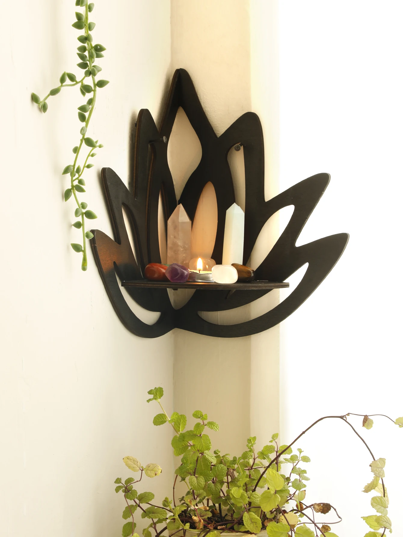 Lotus Eck regal Holz schwimmendes Regal Boho Home Dekoration Wandre gale Display Stand Raum dekore ästhetischen Kristall halter – Detail 10
